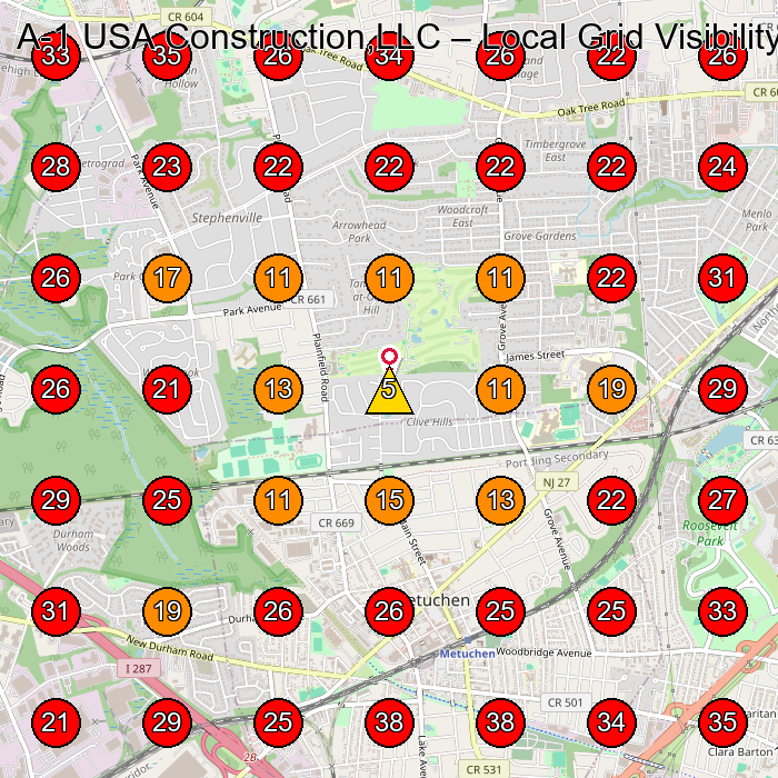 A-1 USA Construction,LLC GeoGrid visibility map for Roofing Contractor in Edison